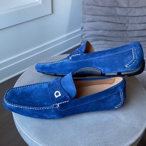 Blue suede Ferragamo loafers.